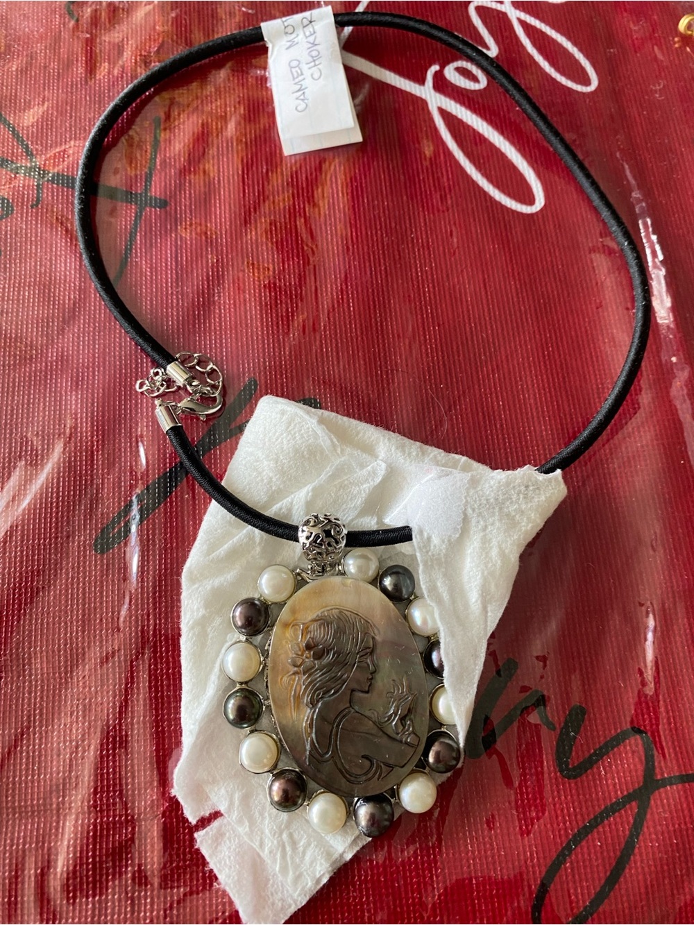 Cameo Pendant Necklace with Black Cord and Pearl Accents